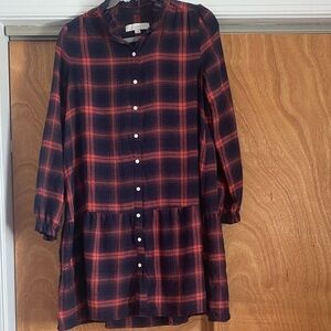 LOFT Flannel Long Sleeve Drop waist Button up Mini Dress w/Ruffle Hem